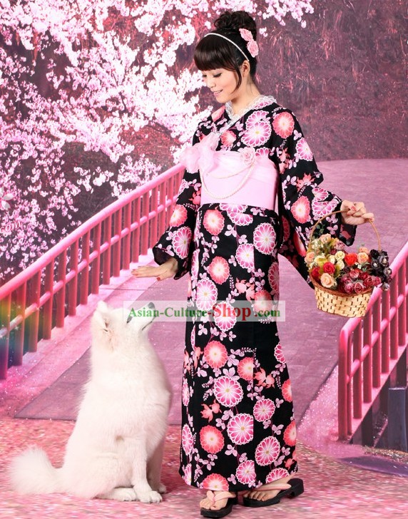 Japanische Yutaka Kimono Kostüm Obi und Geta Sandal Komplett-Set für Damen