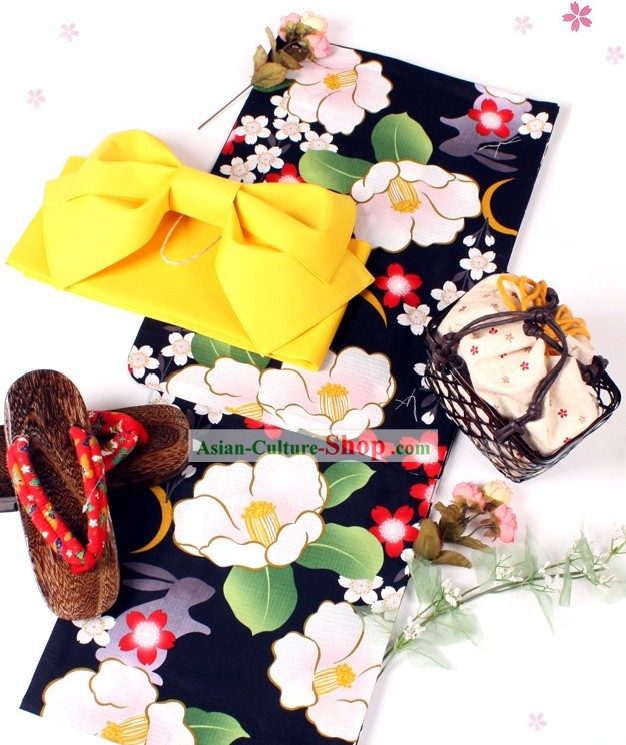 Japanische Yutaka Kimono Kleidung Obi und Geta Sandal Komplett-Set für Damen