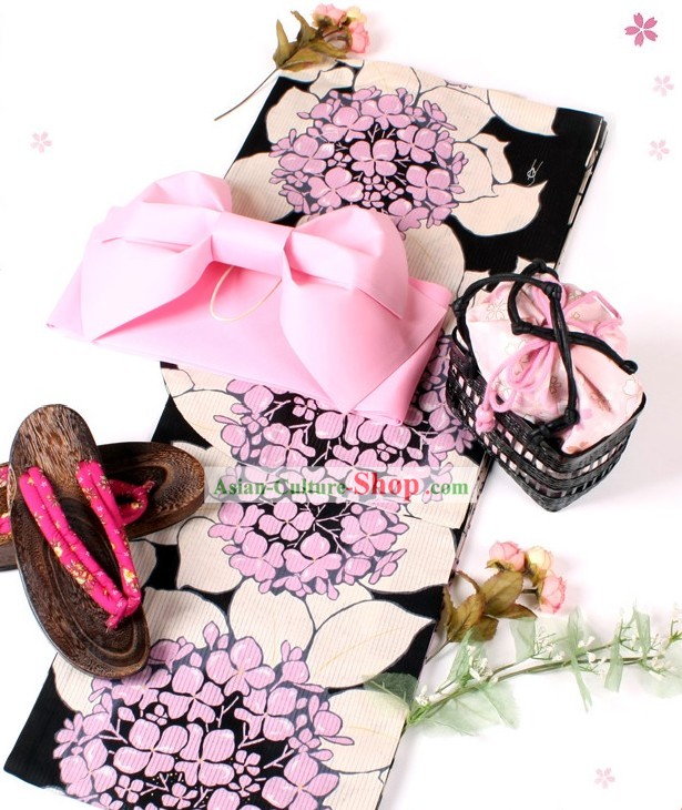 Japonaise romantique rose Yutaka Kimono Obi et Geta Sandal Set complet pour les femmes
