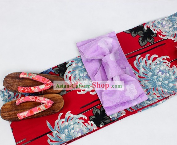 Kimono japonais Yukata Obi et Geta Sandal Set complet pour les femmes
