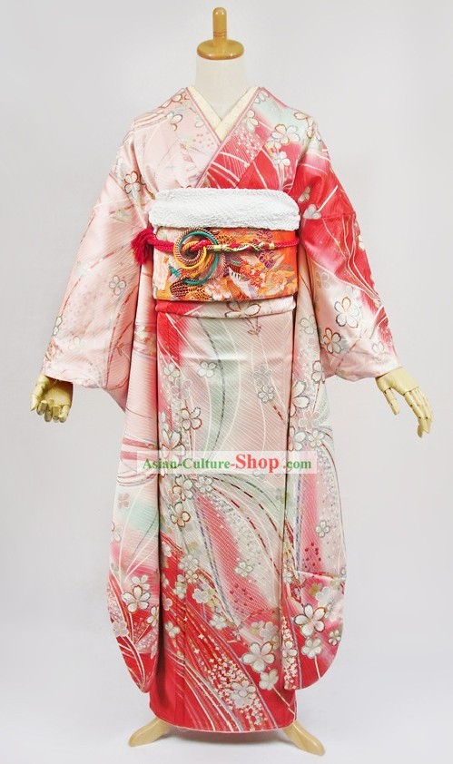 Kimono japonés tradicional Furisode vestido de Obi y Geta Set Sandal completa para la Mujer