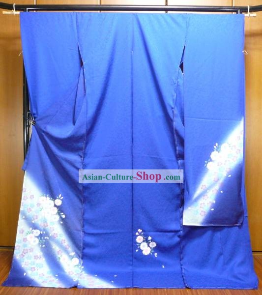 Tradicional japonesa azul Furisode vestido kimono y Obi Geta Set Sandal completa para la Mujer