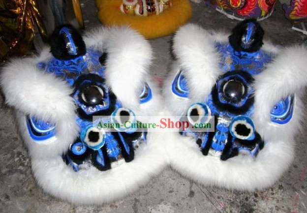 Classical White Long Wool and Blue Base Lion Dance Costume Complete Set