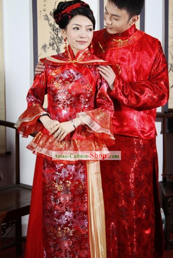 Traditional Chinese Red Wedding Garment 2 Sets for Men and Women