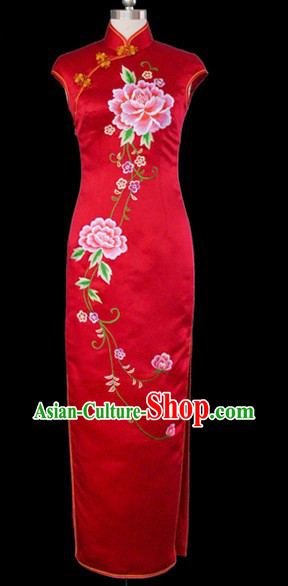 Classical Red Embroidered Peony Silk Long Cheongsam