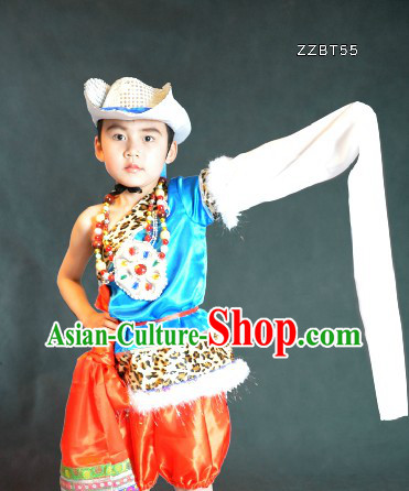 Traditional Chinese Tibetan Dance Costumes and Hat for Kids