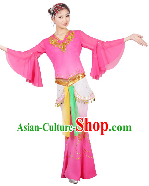 Chinese Classical Fan Dancing Costumes and Head Piece for Women