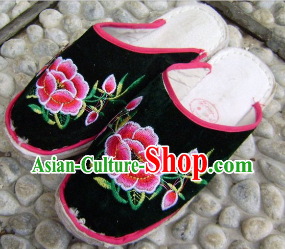 Traditional Chinese Handmade Black Cotton Slippers with Thick Cotton Sole