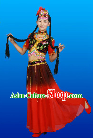 Traditional Chinese Xinjiang Dance Outfit and Hat Complete Set for Women