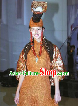 Traditional Mongolian Noblewoman Garment and Hat Complete Set
