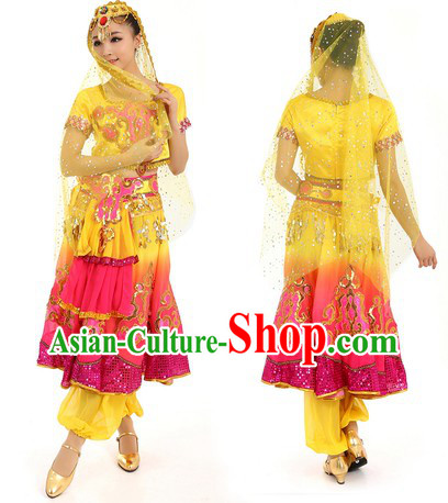 Yellow Indian Dance Costumes and Hat for Women