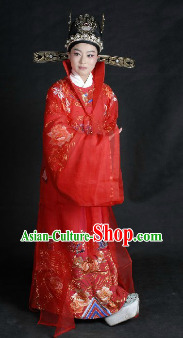 Ancient Chinese Opera Red Wedding Dress and Hat for Bridegrooms