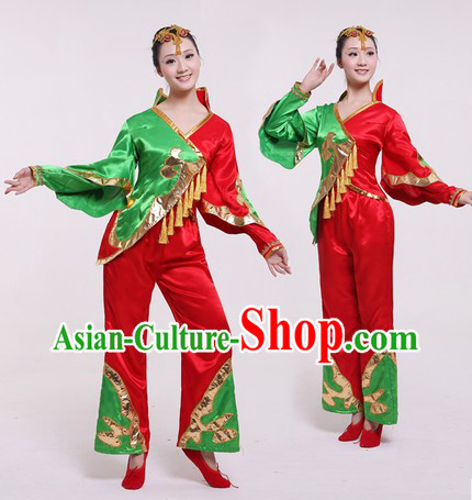 Traditional Chinese Stage Performance Fan Dancing Costumes and Headpieces for Women