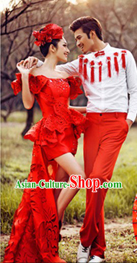 Traditional Ancient Chinese Wedding Evening Photography Studio Use Clothes Two Sets