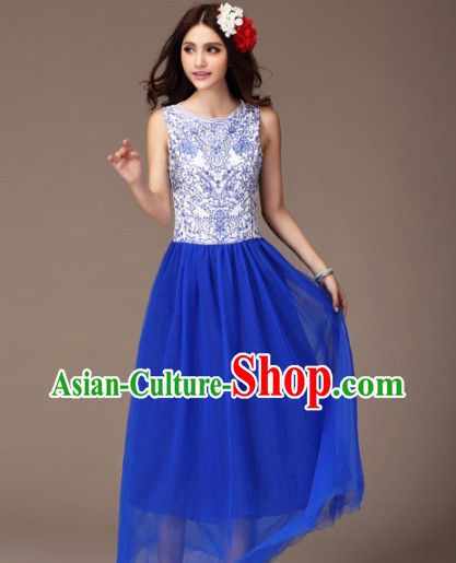 Blue and White Ceramics Style Mandarin Long Evening Dress