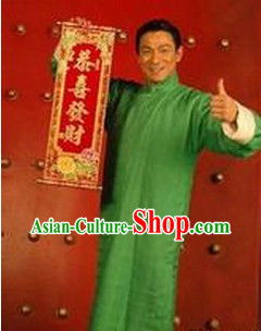 Chinese Lunar New Year Minguo Style Green Da Gua Mandarin Long Robe for Men