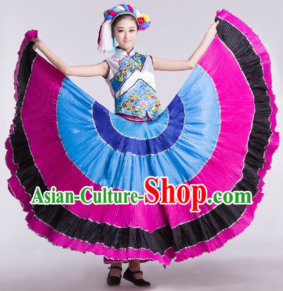 Chinese Traditional Yi Lady Dance Skirt and Headwear Complete Set