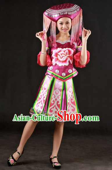 Stage Classical Zhuang Dancing Costumes and Headwear for Ladies