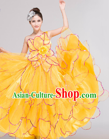 Yellow Grand Opening Group Dance Costumes Complete Set for Women