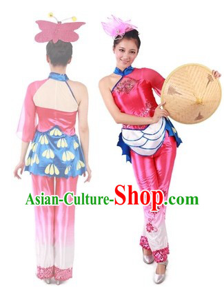 Traditional Recital Dance Costumes and Bamboo Hat for Professional Dancers