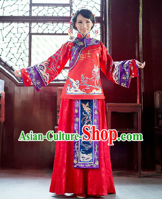 Traditional Chinese Romantic Phoenix Wedding Blouse and Skirt for Brides