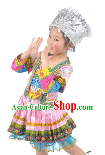 Chinese Miao Minority Dancing Outfit and Hat for Kids