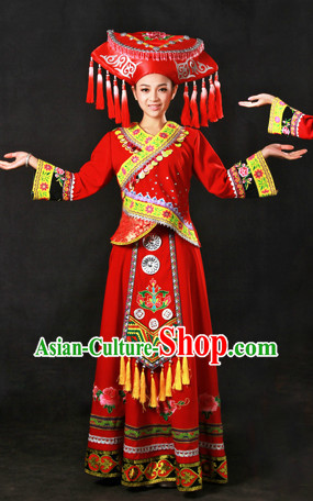 Chinese Zhuang Ethnic Minority Wedding Dress and Hat Complete Set for Brides
