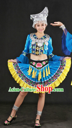 Blue China Miao People Ethnic Dresses and Hat Complete Set