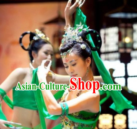 Chinese Green Classical Dance Costumes and Hair Accessories