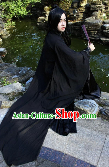 Asia Fashion Chinese Black Swordman Hanfu Costumes and Long Wig