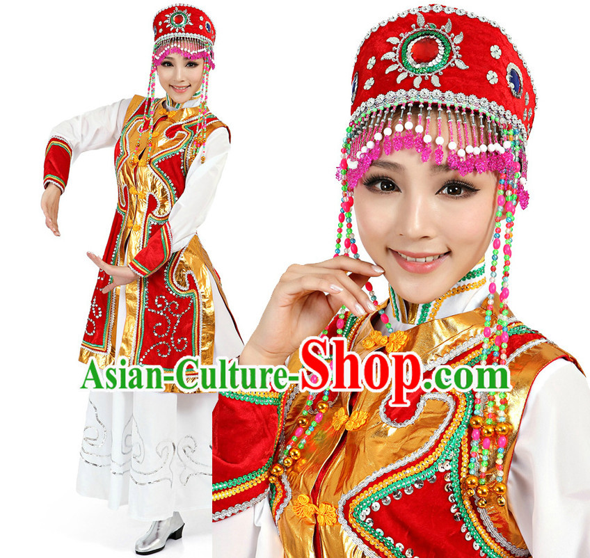 Chinese Meng Gu Dance Costumes Apparel Dance Stores Dance Gear Dance Attire and Hair Accessories Complete Set for Women