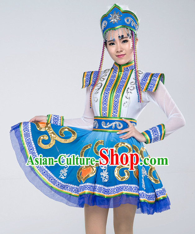 Asian Mongolian Dancing Costumes and Hat Complete Set for Women