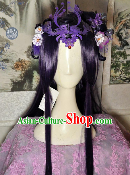 Chinese Traditional Handmade Princess Long Black Wig and Hair Accessories