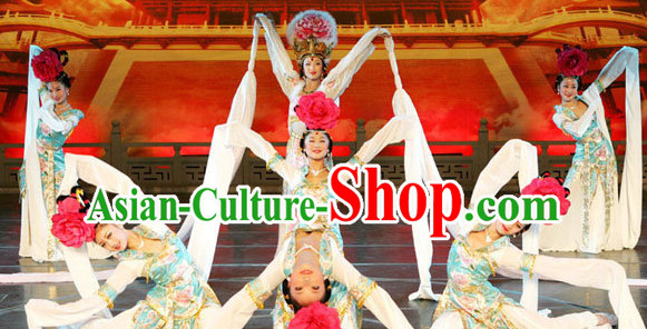 Ancient Chinese Classical Palace Water Sleeves Dance Costumes and Hair Accessories Complete Set