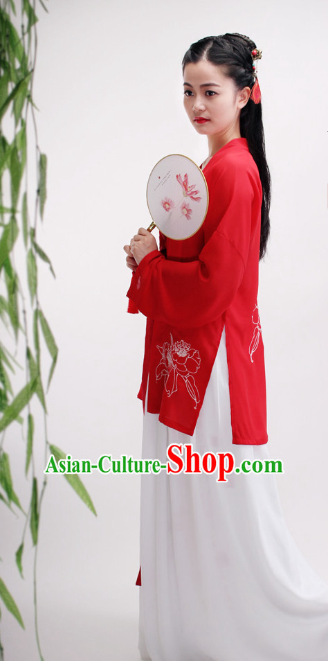 Lucky Red Ancient Chinese Embroidered Flower Lady Suit