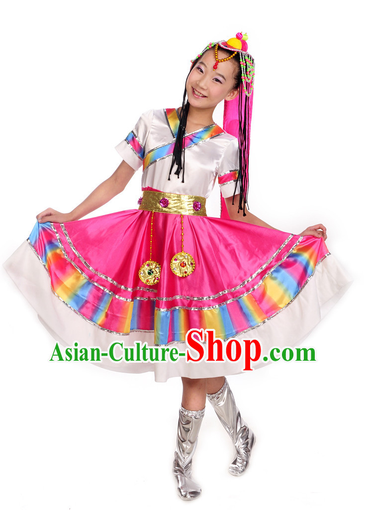 Tibetan Dance Costumesand Hair Decoration Complete Set for Kids