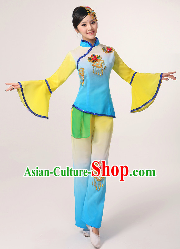 Chinese Folk Fan Group Dancing Costume and Hair Jewelry Complete Set