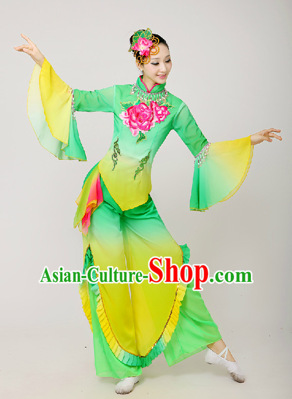 Chinese Folk Fan Group Dance Costume and Hair Jewelry Complete Set