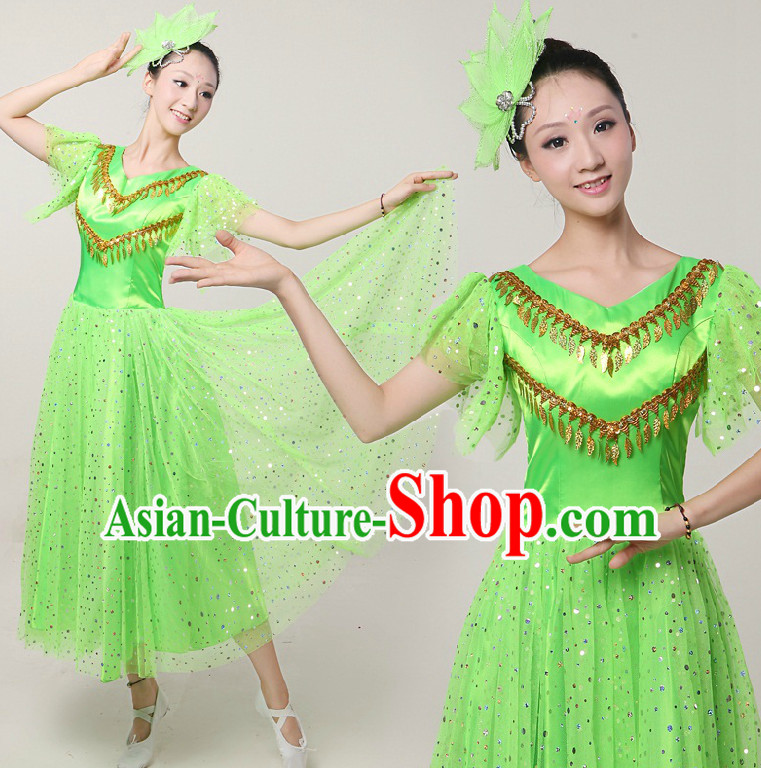 Asian Dance Costumes Ribbon Dancing Costume Dancewear China Dress Dance Wear and Hair Accessories Complete Set