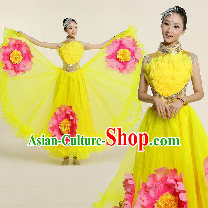 Chinese Flower Dance Costume Competition Costumes Dancewear China Dress Dance Wear and Headpieces Complete Set
