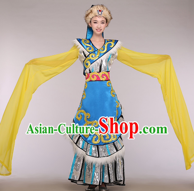 Chinese Long Sleeves Minority Competition Dance Costume Group Dancing Costumes and Hat Complete Set for Women
