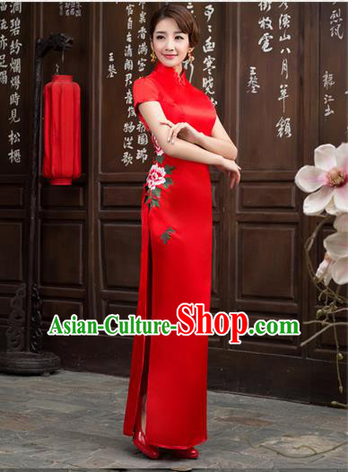 Ancient Chinese Costumes, Manchu Clothing Qipao, Retro Long Silk Mandarin Collar Embroidered Cheongsam, Traditional Red Cheongsam Wedding Toast Dress for Bride