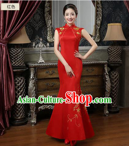 Ancient Chinese Costumes, Manchu Clothing Qipao, Improved Long Silk Cheongsam, Traditional Fish Tail Red Cheongsam Wedding Toast Dress for Bride