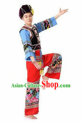 Traditional Chinese Yi Nationality Dancing Costume, Yizu Male Folk Dance Ethnic Dress, Chinese Minority Yi Nationality Embroidery Costume Set for Men