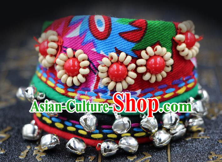 Traditional Chinese Miao Nationality Jewelry Accessories Bracelet, Hmong Embroidery Bells Bracelet for Women