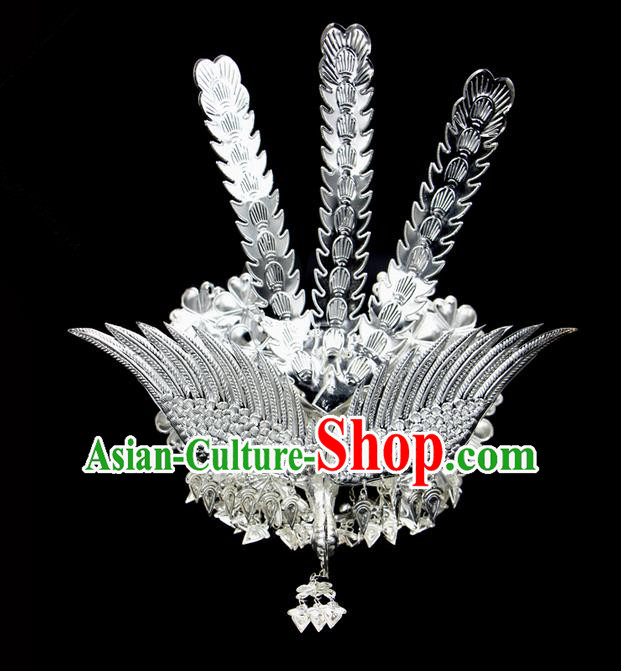 Traditional Chinese Miao Nationality Sliver Jewelry Accessories, Silver Phoenix Headwear, Hmong Ethnic Hair Accessories, Chinese Minority Miao Nationality Hat Crown for Women