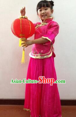 Min Guo Girl Dress Traditional Chinese Clothes Ancient Costume Tang Suit Children Kid Show Stage Wearing Dancing Rose Red