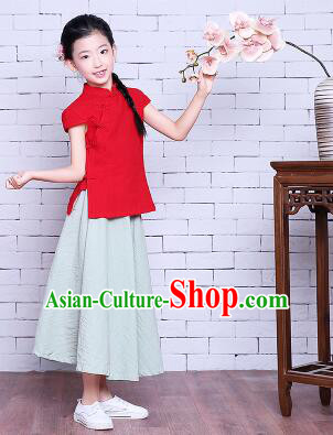 Girl Dress Min Guo Fan Fu Style Chinese Traditional Stage Costume Show Clothes Short Sleeves Red Top Green Skirt