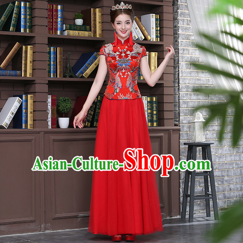Ancient Chinese Costume Xiuhe Suits, Chinese Style Wedding Dress Red Ancient Retro Longfeng Dragon And Phoenix Flown, Bride Toast Cheongsam For Women