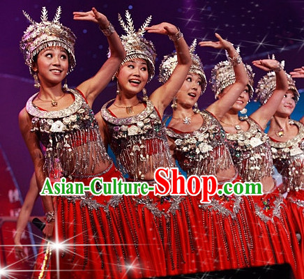 Traditional Chinese Miao Dance Costume and Silver Hat Complete Set for Women